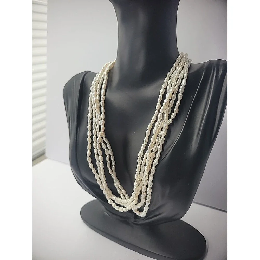 Vintage Necklace Multi Strand Beaded Gold Tone‎ White Bead Slide Clasp Jewelry